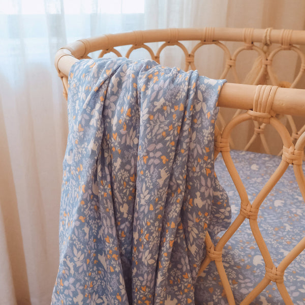 Fox & Fallow Forest Friends Cornflower Organic Muslin Wrap Swaddle