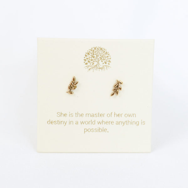 Gold leaf earrings on a card with motivational quote