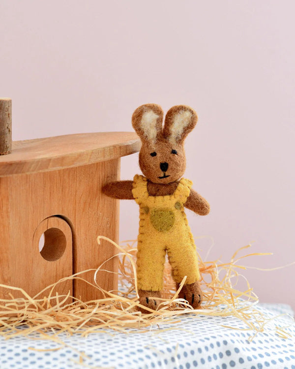 Tara Treasures-Felt Brown Hare Rabbit with Mustard Yellow Overalls