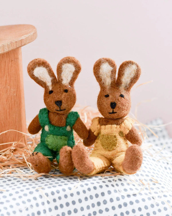 Tara Treasures-Felt Brown Hare Rabbit with Mustard Yellow Overalls