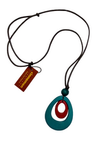 Necklace with a blue and red pendant on a white background