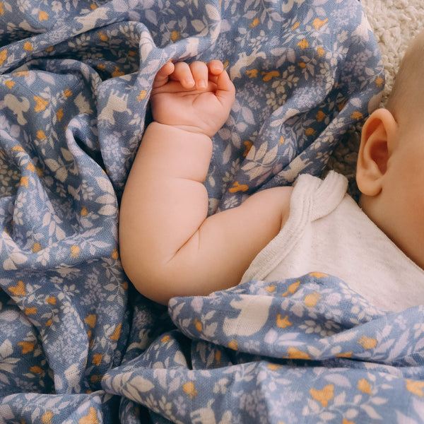 Fox & Fallow Forest Friends Cornflower Organic Muslin Wrap Swaddle