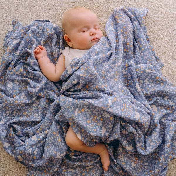 Fox & Fallow Forest Friends Cornflower Organic Muslin Wrap Swaddle