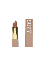 Lipstick with gold cap and 'SUZY' branding on a white background