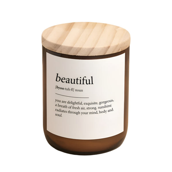 Candle with a wooden lid and a label on a beige background