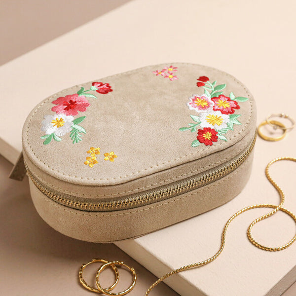 Embroidered Flowers Oval Jewellery Box