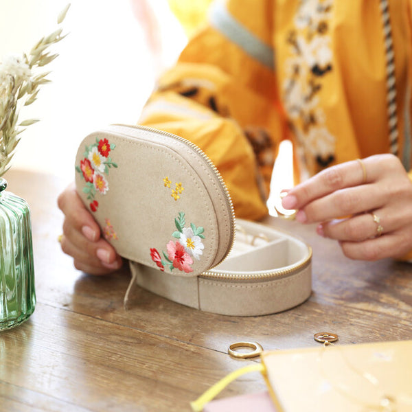Embroidered Flowers Oval Jewellery Box