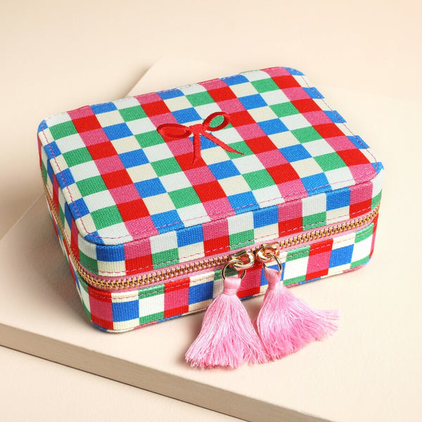 Multi Bright Checkerboard Linen Travel Jewellery Case