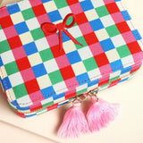 Multi Bright Checkerboard Linen Travel Jewellery Case