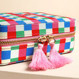 Multi Bright Checkerboard Linen Travel Jewellery Case