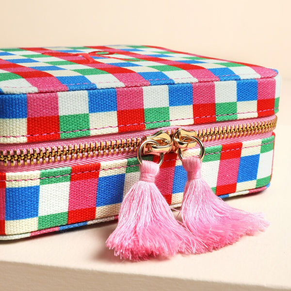 Multi Bright Checkerboard Linen Travel Jewellery Case