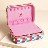 Multi Bright Checkerboard Linen Travel Jewellery Case