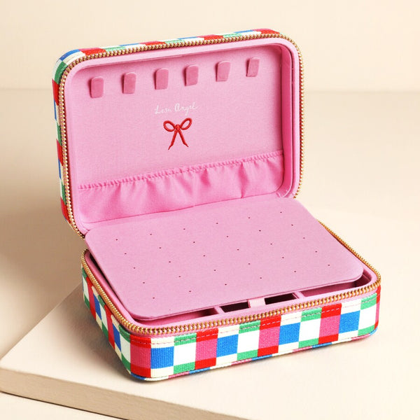 Multi Bright Checkerboard Linen Travel Jewellery Case