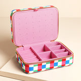Multi Bright Checkerboard Linen Travel Jewellery Case