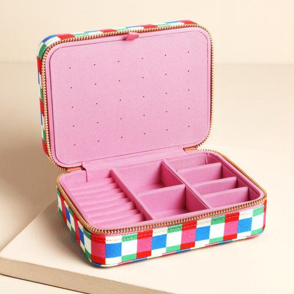 Multi Bright Checkerboard Linen Travel Jewellery Case