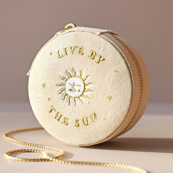 Sun and Moon Embroidered Round Jewellery Case in Beige