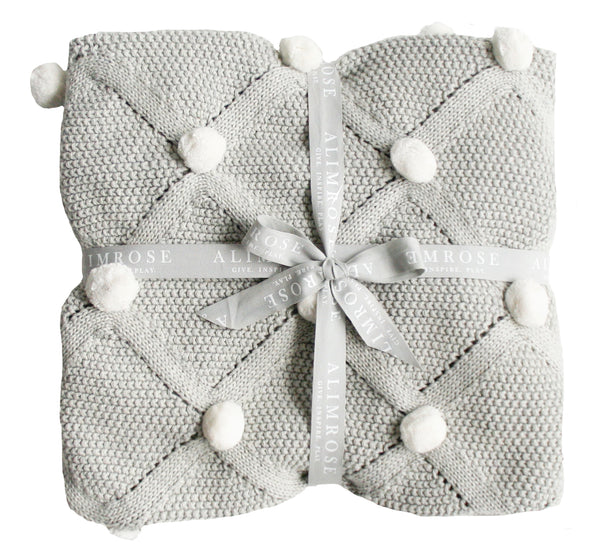 Organic Cotton Knitted Pom Pom Blanket-Grey