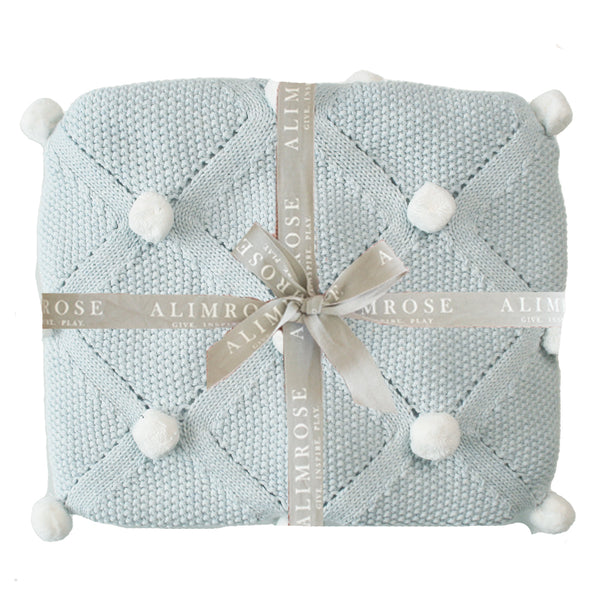 Organic Cotton Knitted Pom Pom Blanket-Powder Blue