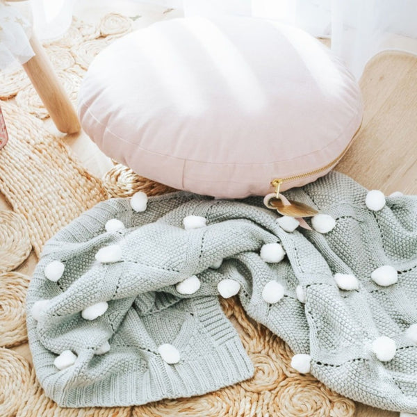 Organic Cotton Knitted Pom Pom Blanket-Grey