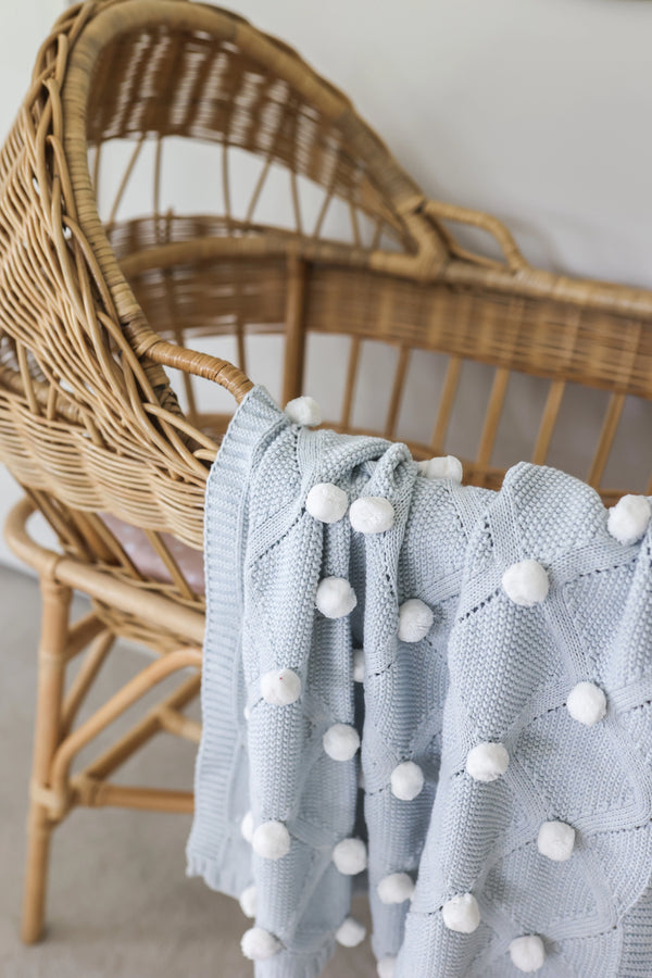 Organic Cotton Knitted Pom Pom Blanket-Powder Blue