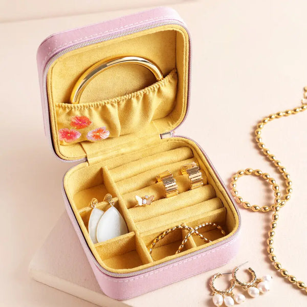 Flower Embroidered Travel Square Jewellery Case