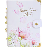 Floral notebook with 'Love You Mum' text on a white background