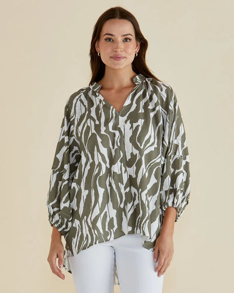 Grazia Blouse - Olive Geometric Print