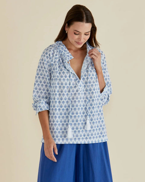 Charli Blouse - Blue Lotus Print