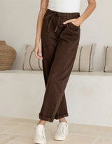 Drawstring Barrel Leg Denim Jogger-Chocolate