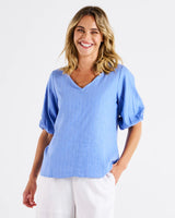 Betty Basics-Elanora Linen Blouse - Berry Blue Stripe