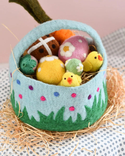 Tara Treasures- Felt Blue Basket with Colourful Dots