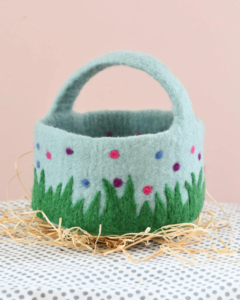 Tara Treasures- Felt Blue Basket with Colourful Dots