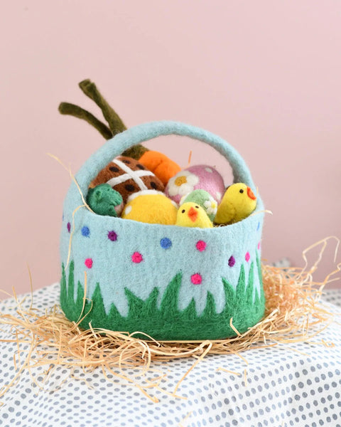 Tara Treasures- Felt Blue Basket with Colourful Dots