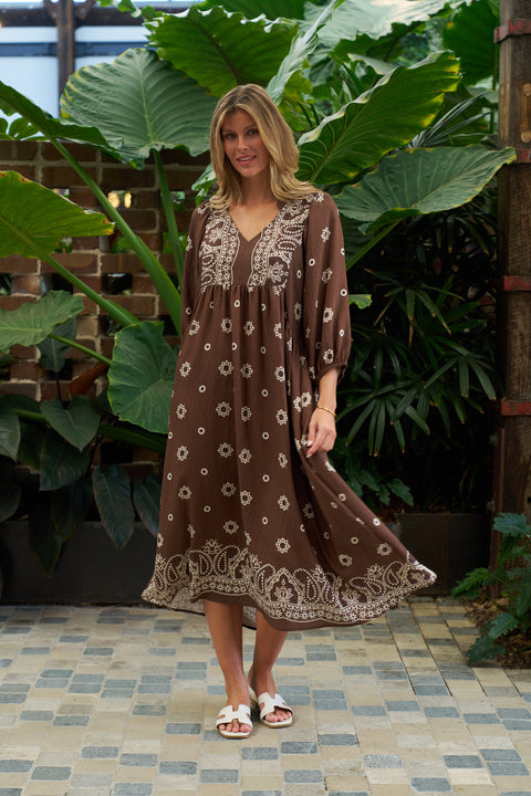 Sarah Midi Dress Brown Floral