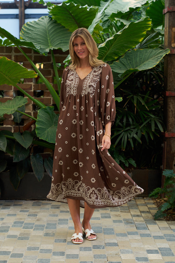 Sarah Midi Dress Brown Floral