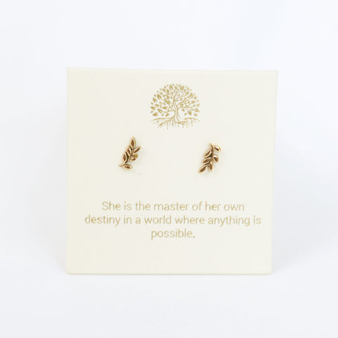 Gold leaf earrings on a card with motivational quote