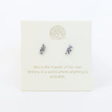 Silver leaf earrings on a card with motivational quote