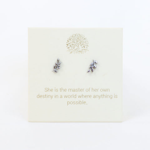Silver leaf earrings on a card with motivational quote