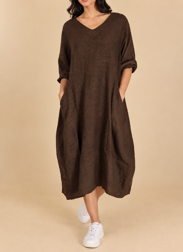 V-Neck Linen Balloon Dress