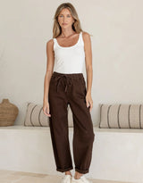 Drawstring Barrel Leg Denim Jogger-Chocolate