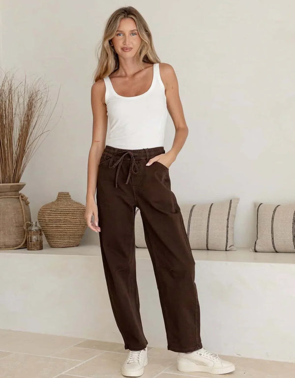 Drawstring Barrel Leg Denim Jogger-Chocolate