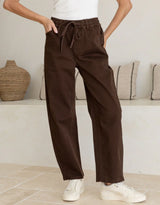 Drawstring Barrel Leg Denim Jogger-Chocolate