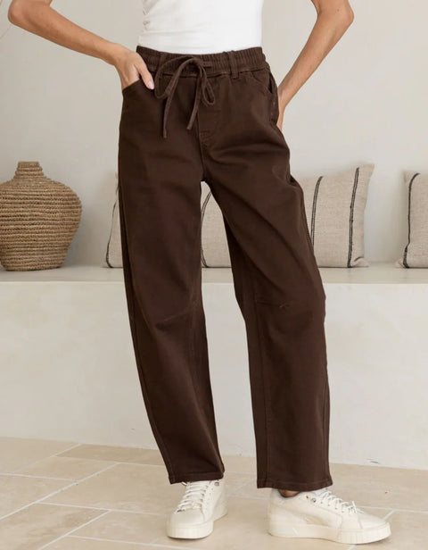 Drawstring Barrel Leg Denim Jogger-Chocolate