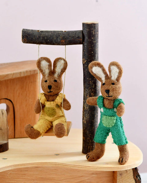 Tara Treasures-Felt Brown Hare Rabbit with Mustard Yellow Overalls