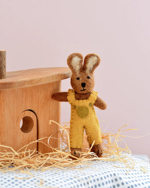 Tara Treasures-Felt Brown Hare Rabbit with Mustard Yellow Overalls