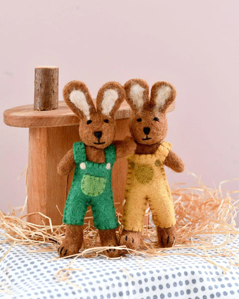 Tara Treasures-Felt Brown Hare Rabbit with Mustard Yellow Overalls