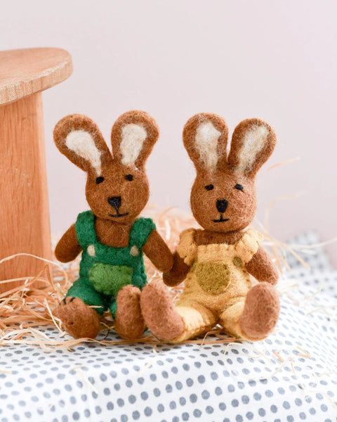 Tara Treasures-Felt Brown Hare Rabbit with Mustard Yellow Overalls