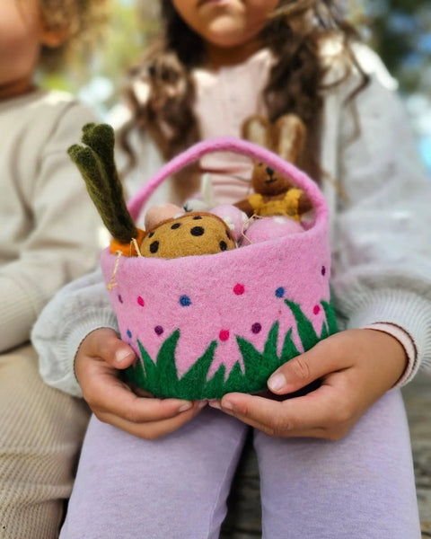 Tara Treasures- Felt Pink Basket with Colourful Dots