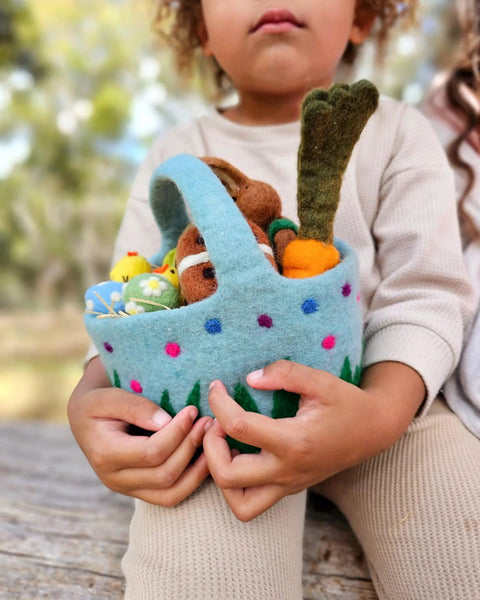 Tara Treasures- Felt Blue Basket with Colourful Dots