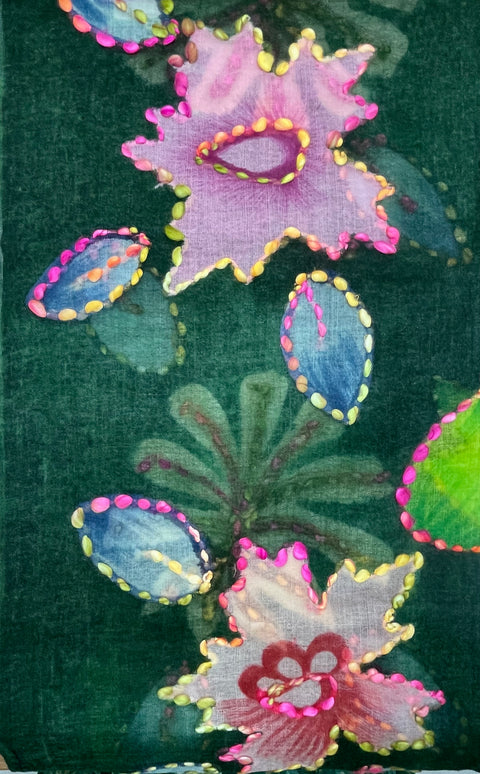 Green Wildflower Wool Scarf